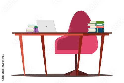 Office desk with chair, open laptop and books on table. Home office interior design. Modern business workplace. Flat vector illustration.