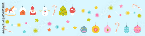 Christmas tree ornaments set. New year decoration collection isolated on blue background. Colorful Xmas balls, garland, candy. Vector pattern for season greetings, card, social banner.