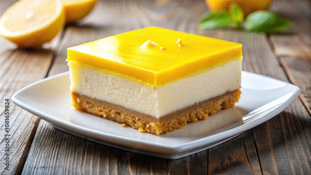 A delightful slice of lemon cheesecake, layered with a creamy filling and a bright yellow glaze, sits on a white plate resting on a rustic wooden surface. A delightful slice of lemon cheesecake, layered with a creamy filling and a bright yellow glaze, sits on a white plate resting on a rustic wooden surface.