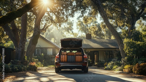 Packed and Ready: Family SUV Loaded with Luggage in the Driveway, Surrounded by Sunlight and Trees for a Road Trip