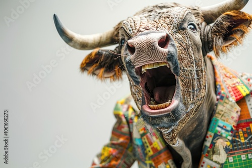 A close-up shot of a fake cow wearing a shirt, suitable for use as a humorous or ironic image photo