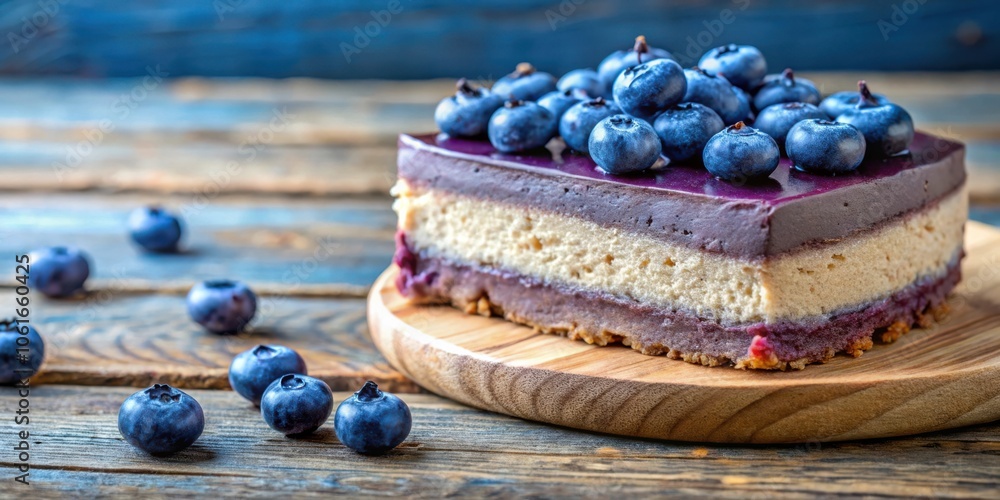 A single slice of blueberry cheesecake rests on a wooden plate with blueberries scattered on a rustic wooden background A single slice of blueberry cheesecake rests on a wooden plate with blueberries scattered on a rustic wooden background
