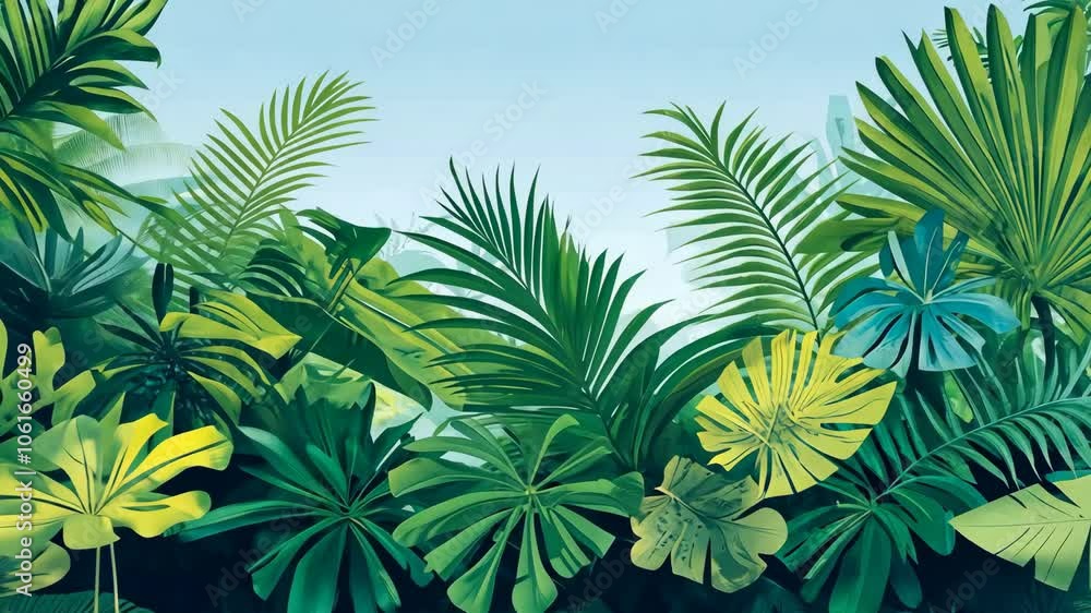 Lush green leaves of various tropical plants create a vibrant jungle scene Lush green leaves of various tropical plants create a vibrant jungle scene