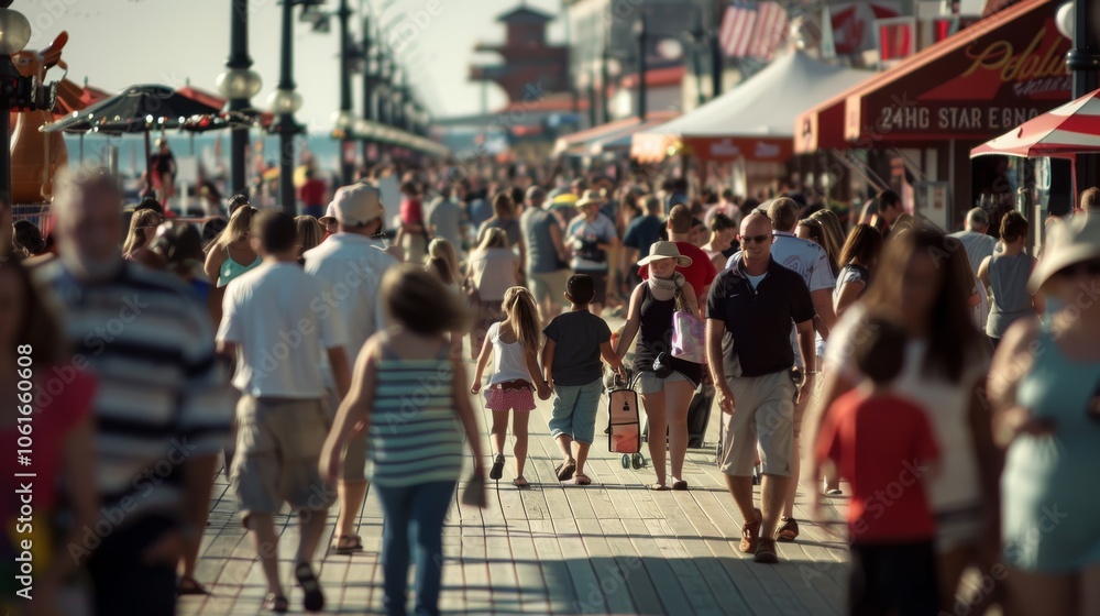 Obraz premium A vibrant boardwalk buzzes with activity, as families and friends stroll past colorful shops and ocean views.