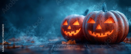 Halloween pumpkins on a wooden table with a blue, misty background, leaving space for design and text. Halloween concept. Background of a Halloween night. Colorful.