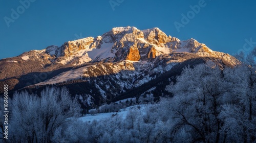 Snow-covered mountain peak with the sun shining on it, creating a beautiful contrast of light and shadow. Majestic winter landscape with striking illumination.