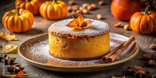 A Close-up of a Delicious Pumpkin Spice Cake with Powdered Sugar and Cinnamon Sticks, Surrounded by Pumpkins and Autumnal Decor