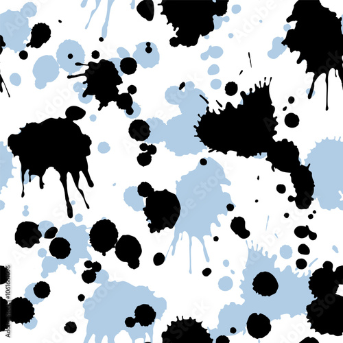 Seamless pattern with abstract grunge black and blue spots, blots on white background. Wallpaper design template. Vector stock illustration.