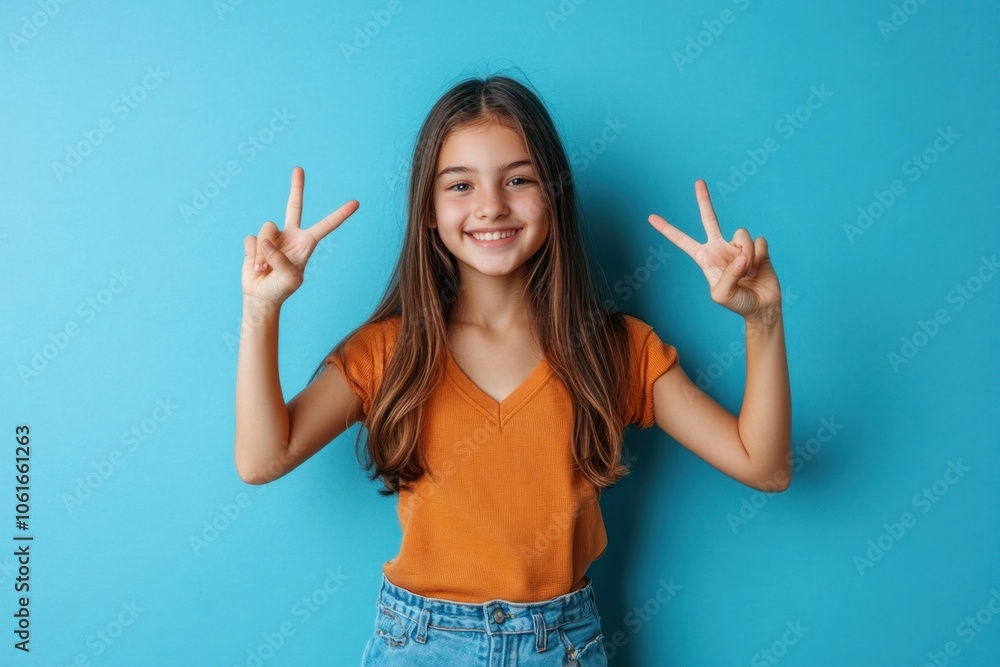 Happy smiling girl showing peace victory sign gesture posing on blue studio background Happy smiling girl showing peace victory sign gesture posing on blue studio background