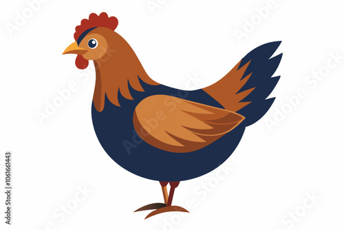 walking and eating a beautiful hen isolated on white background