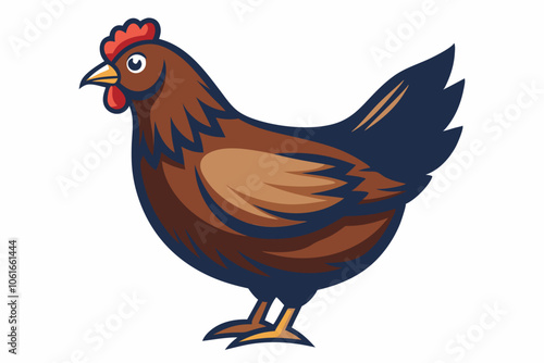 walking and eating a beautiful hen isolated on white background