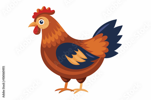 walking and eating a beautiful hen isolated on white background