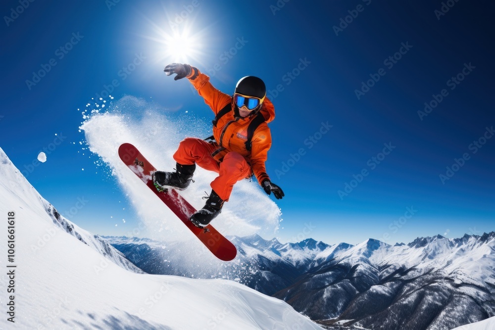 Snowboarder jumping against blue sky snow snowboarding recreation. Snowboarder jumping against blue sky snow snowboarding recreation.