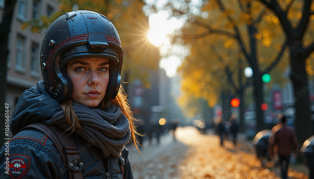 Young woman wearing a helmet and scarf, standing on a city street during autumn with a warm sunset light