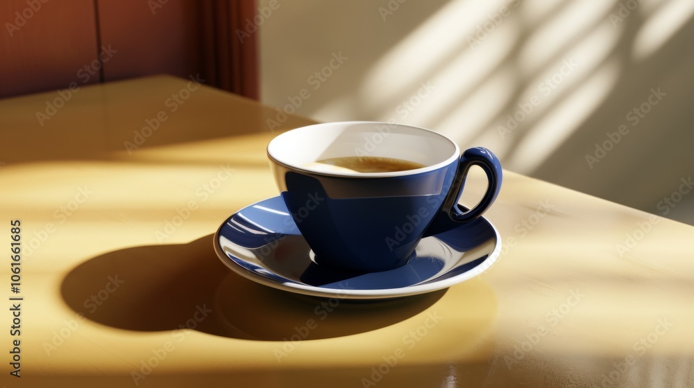 Fototapeta premium A lonely blue coffee cup on a sunlit table casts a dramatic shadow, exuding warmth and solitude.