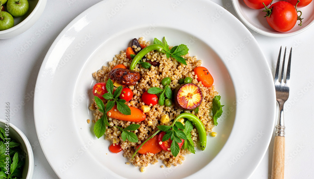 Delicious healthy food arrangement with fresh vegetables and herbs on a white plate Delicious healthy food arrangement with fresh vegetables and herbs on a white plate
