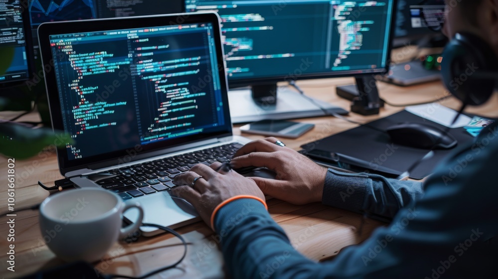 A programmer engrossed in coding, surrounded by multiple screens and a cup of coffee, embodies late-night dedication and focus. A programmer engrossed in coding, surrounded by multiple screens and a cup of coffee, embodies late-night dedication and focus.