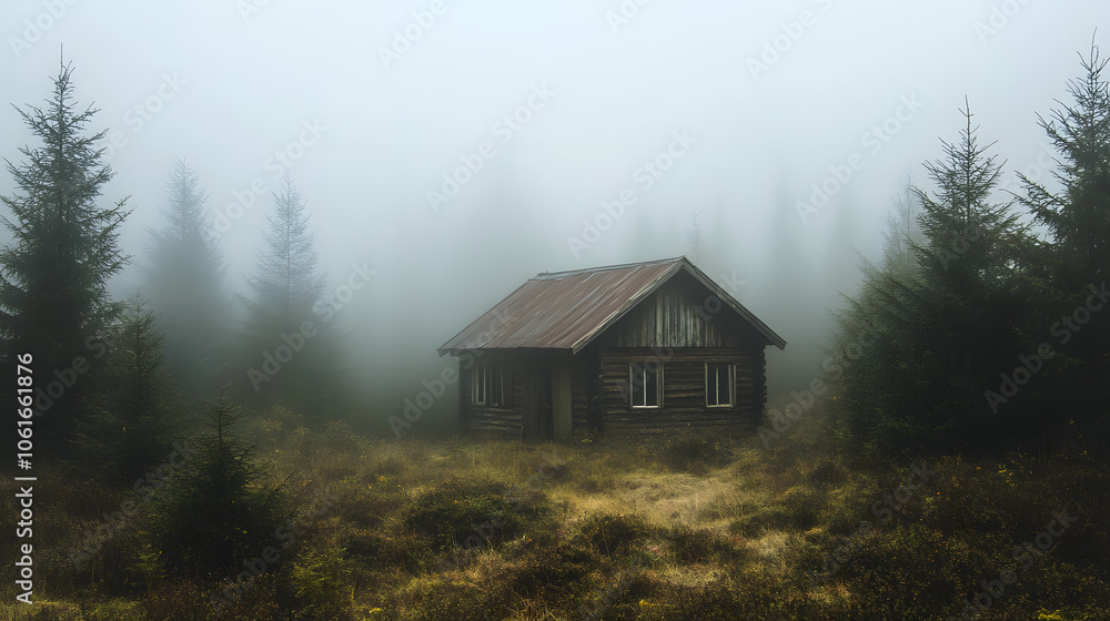 An abandoned cabin shrouded in mist, secrets of the past remain. An abandoned cabin shrouded in mist, secrets of the past remain.
