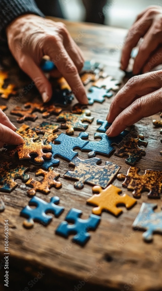 Diverse hands working together solving puzzle pieces on rustic wooden table Diverse hands working together solving puzzle pieces on rustic wooden table