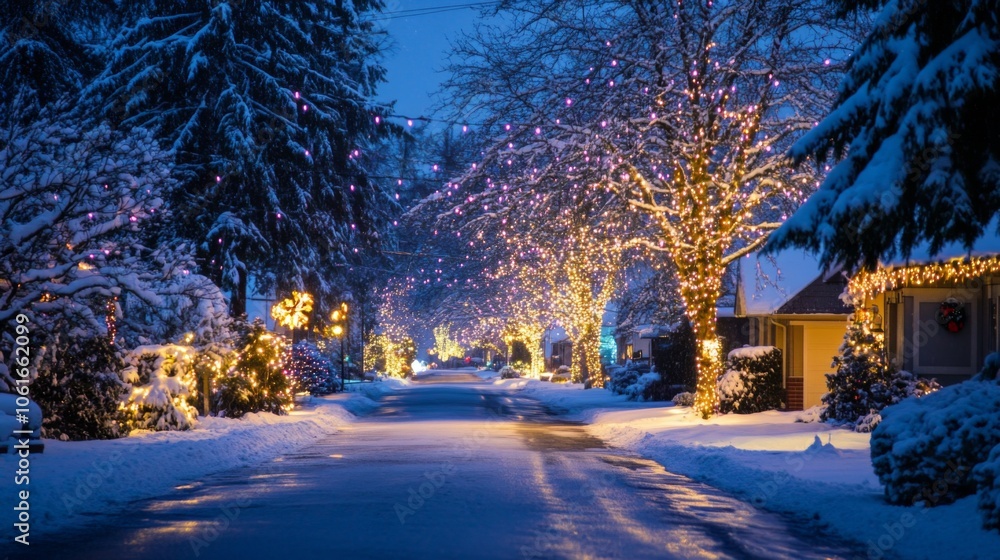 Street lined with Christmas lights and snow-covered trees during the holiday season. Enchanting winter night scene with festive illumination. Street lined with Christmas lights and snow-covered trees during the holiday season. Enchanting winter night scene with festive illumination.