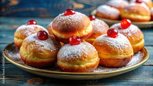 Sweet and Doughy Delights A Plate of Deliciously Glazed Donuts with Cherry Toppings