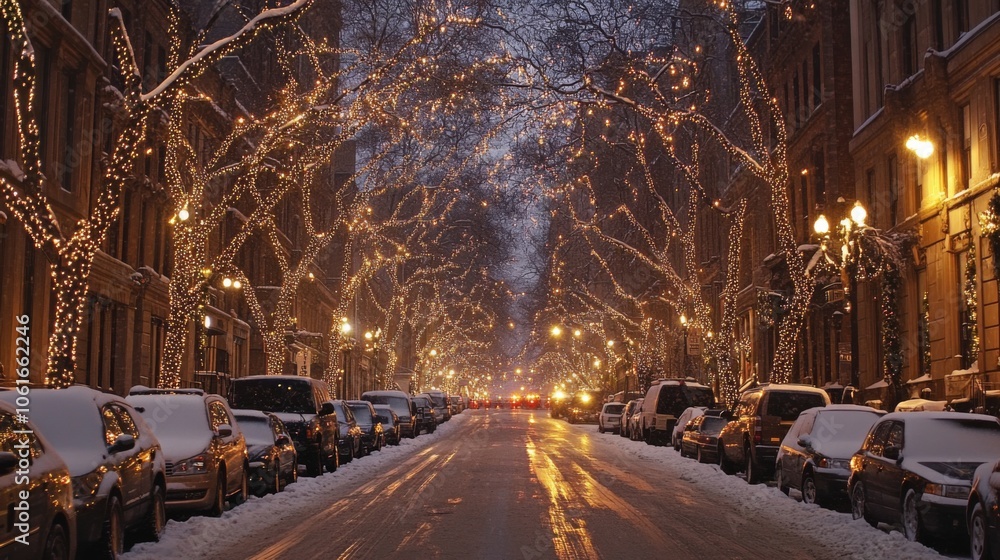 Fototapeta premium Street lined with Christmas lights and snow-covered trees during the holiday season. Festive winter townscape.