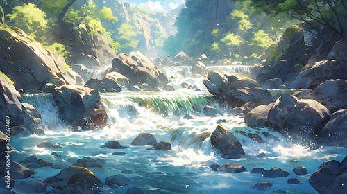 Gentle waterfall flows over smooth rocks into a calm mountain river, colorful anime style