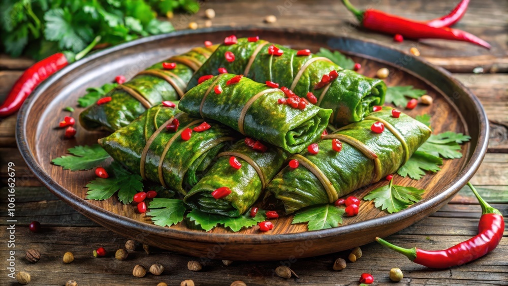 Fototapeta premium Savory Green Leaf Wraps with Red Pepper Garnish and Aromatic Herbs on a Wooden Platter