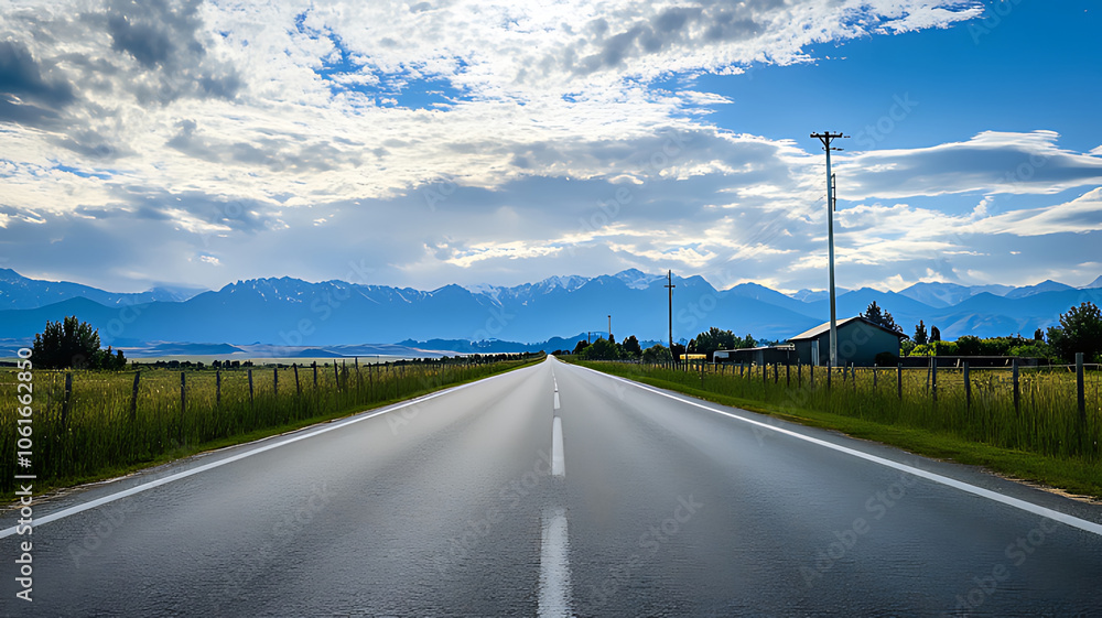 Empty asphalt road leading towards snow-capped mountains on a sunny day. Empty asphalt road leading towards snow-capped mountains on a sunny day.