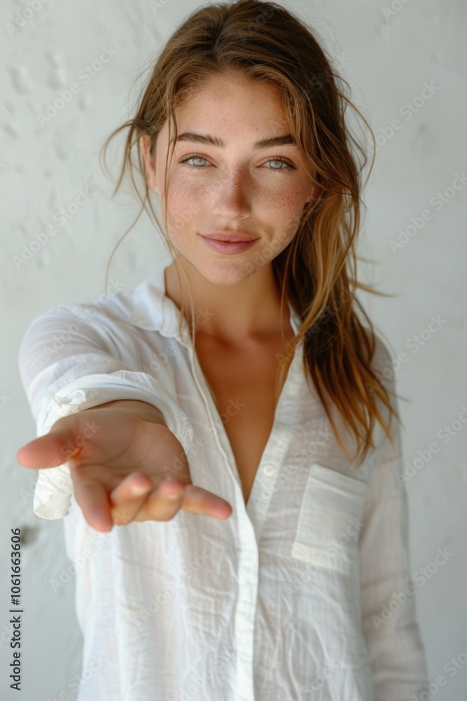 A woman extends her hand in an act of kindness, perfect for depicting assistance or support A woman extends her hand in an act of kindness, perfect for depicting assistance or support