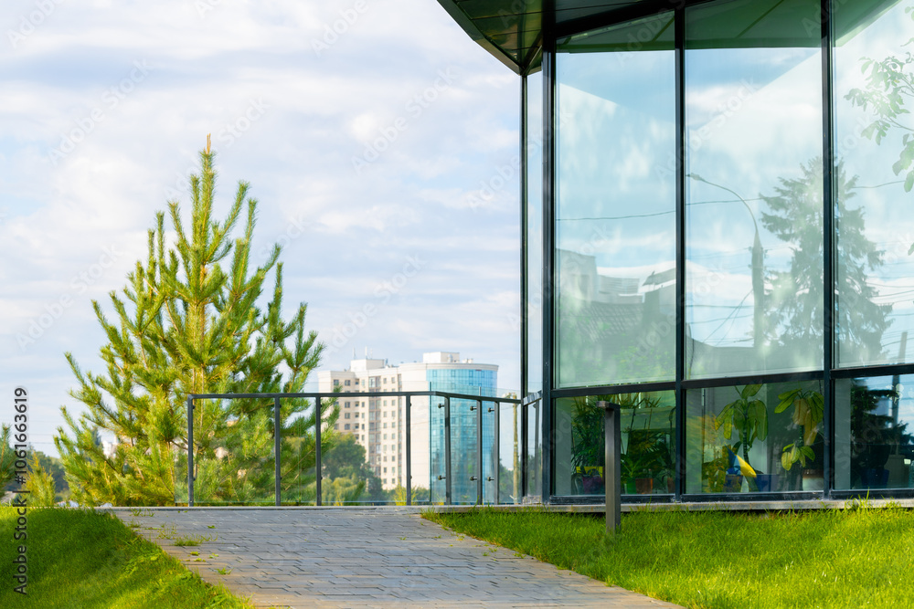 glass facade office building working district city scape exterior landscaped design outside view glass facade office building working district city scape exterior landscaped design outside view