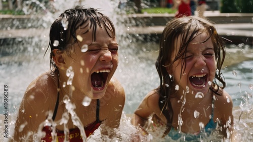 Two children joyfully splash and scream with laughter in a lively fountain, embodying the pure essence of carefree summer fun. photo