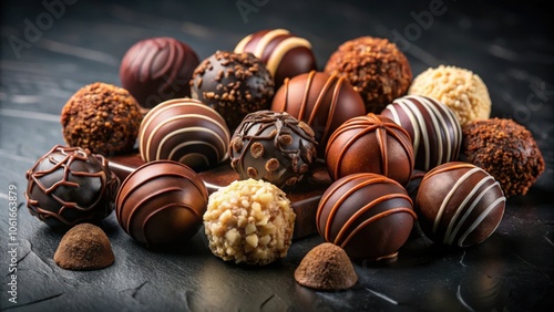 A Variety of Gourmet Chocolate Truffles with Different Fillings and Decorations on a Dark Background