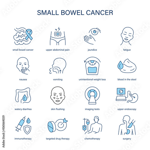 Small Bowel Cancer symptoms, diagnostic and treatment vector icon set. Medical icons.