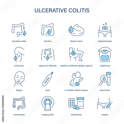 Ulcerative Colitis symptoms, diagnostic and treatment vector icon set. Medical icons.