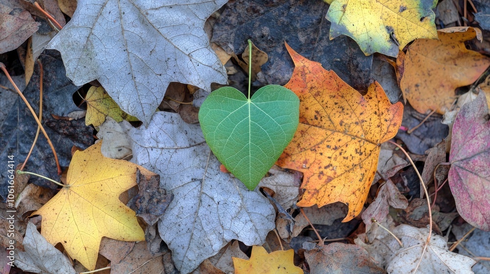 Green Heart-Shaped Leaf Amidst Autumn Foliage Green Heart-Shaped Leaf Amidst Autumn Foliage