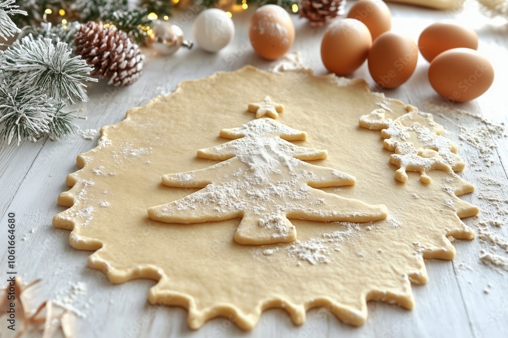 on a white wooden table there is a rolled dough and on it molds in the form of a Christmas tree and a man for cutting dough. new Year's mood on a white wooden table there is a rolled dough and on it molds in the form of a Christmas tree and a man for cutting dough. new Year's mood
