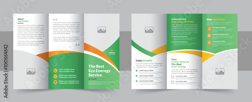 Solar energy business trifold brochure template layout, eco energy or solar panel trifold brochure design template