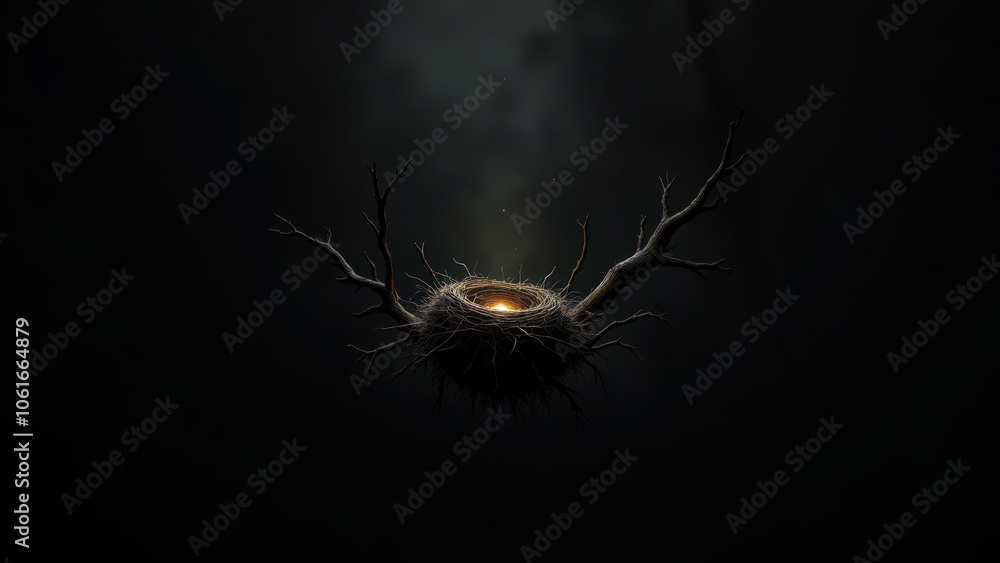 Fototapeta premium Creative dark image of a bird nest with branches and twigs.