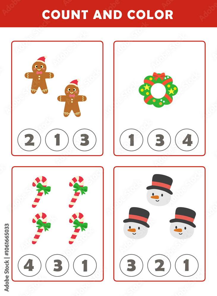 Naklejka premium Christmas activity sheet. Count and color worksheet for kids. Math Game with Cute Christmas Pictures. Math Activities for Children.