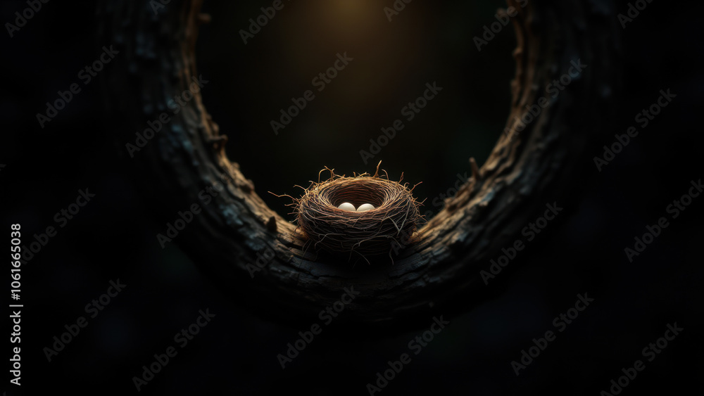A surreal image of a nest within an empty, dark space. A surreal image of a nest within an empty, dark space.