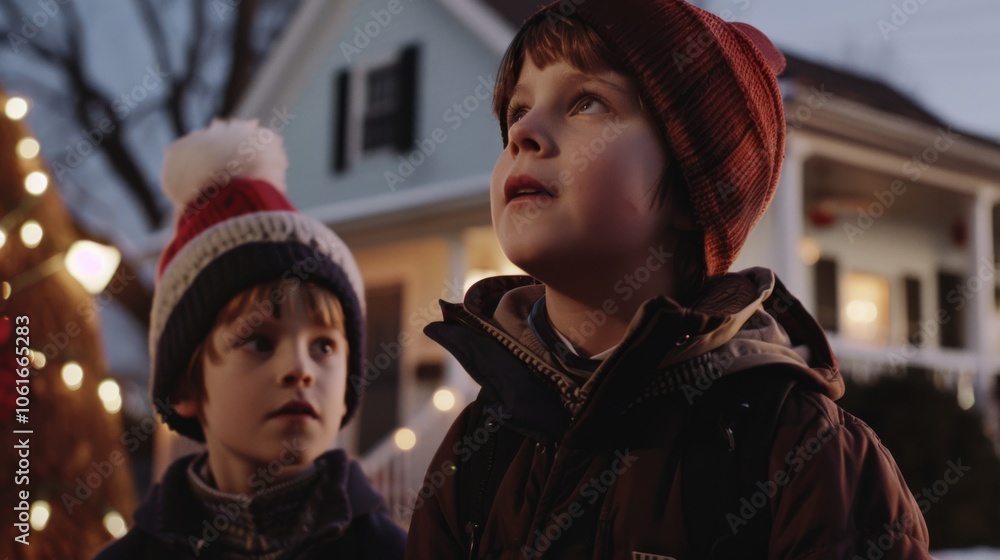 Obraz premium Two children, bundled in winter clothes, look up with wonder and excitement during a festive evening outside a decorated home.