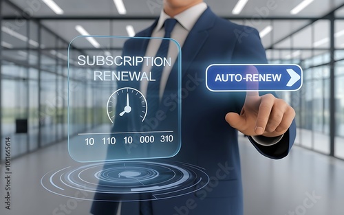 Subscription Renewal: A businessman in a modern office setting interacts with a futuristic interface, pressing the 