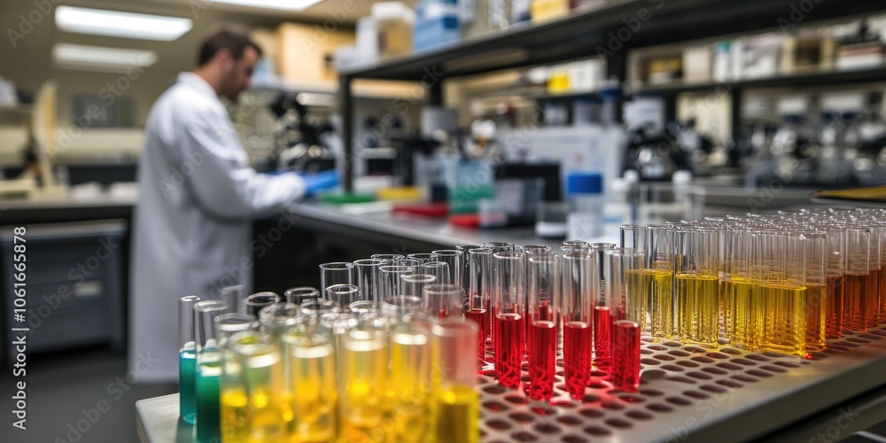 Lab scene focusing on a test tube rack filled with colorful liquids, with a scientist working in the background. Lab scene focusing on a test tube rack filled with colorful liquids, with a scientist working in the background.