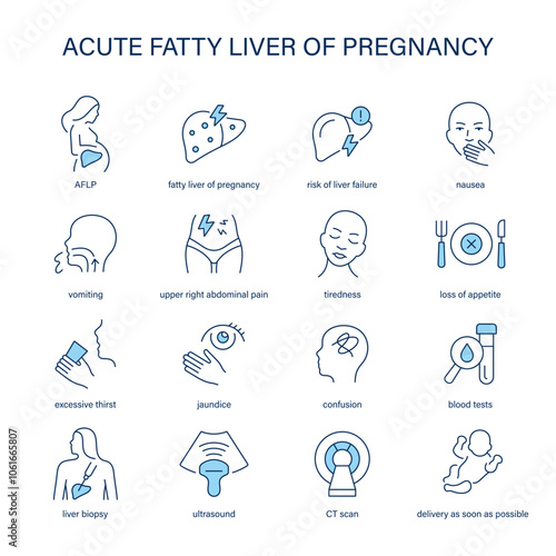 Acute Fatty Liver of Pregnancy symptoms, diagnostic and treatment vector icon set. Medical icons.