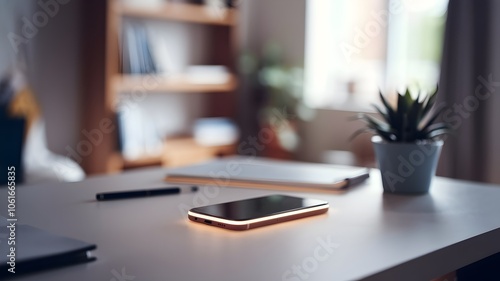 Minimalist desk with glowing smartphone and potted plant