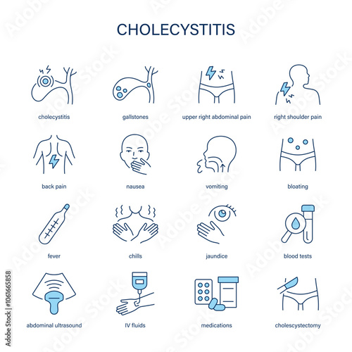 Cholecystitis symptoms, diagnostic and treatment vector icon set. Medical icons.