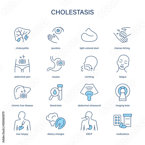 Cholestasis symptoms, diagnostic and treatment vector icon set. Medical icons.