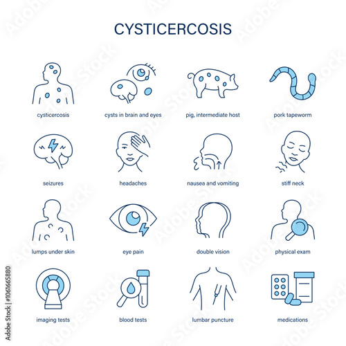 Cysticercosis symptoms, diagnostic and treatment vector icon set. Medical icons.