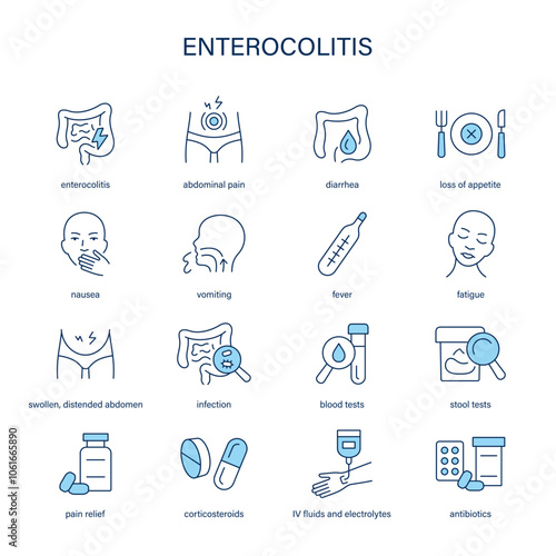 Enterocolitis symptoms, diagnostic and treatment vector icon set. Medical icons.